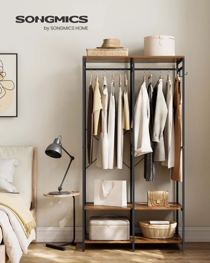 SONGMICS Clothes Rack Iron and Wood Wardrobe Closet Organizer Heavy Duty Garment Rack with Hanging Rods Closet Shelves Removable Hooks Rustic Brown