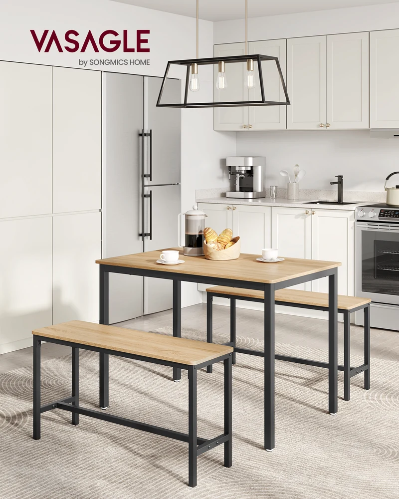 Dining Table Set for 4, Kitchen Table with 2 Benches, 27.6 x 43.3 x 29.5 Inches Dining Room Table, 11.8 x 38.2 x 19.7 Inches Bench, Golden Oak and Ink Black