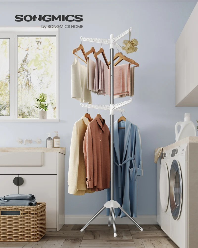 2-Tier Foldable Laundry Drying Rack, 6 Rotatable Arms for Hangers, Holds 54 Clothes, Space-Saving Design, White and Silver