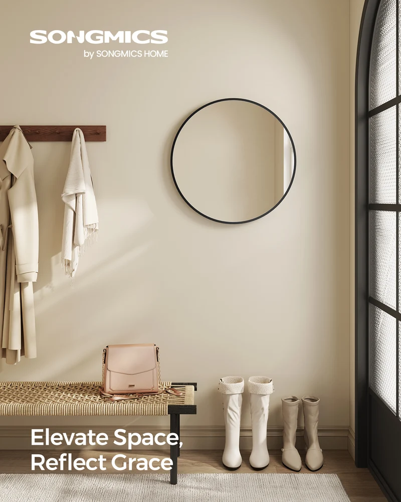 Round Wall Mirror 19.7" Diameter, Metal Frame, Black