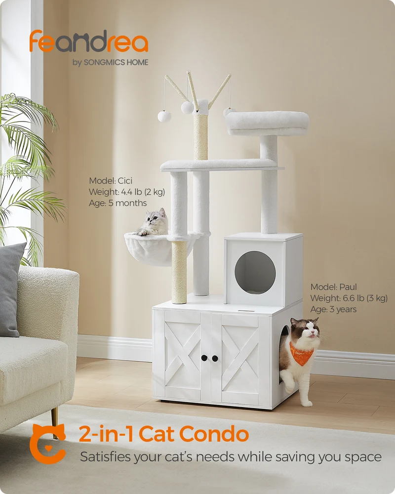 Cloud White 2-in-1 modern cat tree with litter box enclosure. A 55.1-inch cat condo equipped with scratching posts and removable pompom sticks