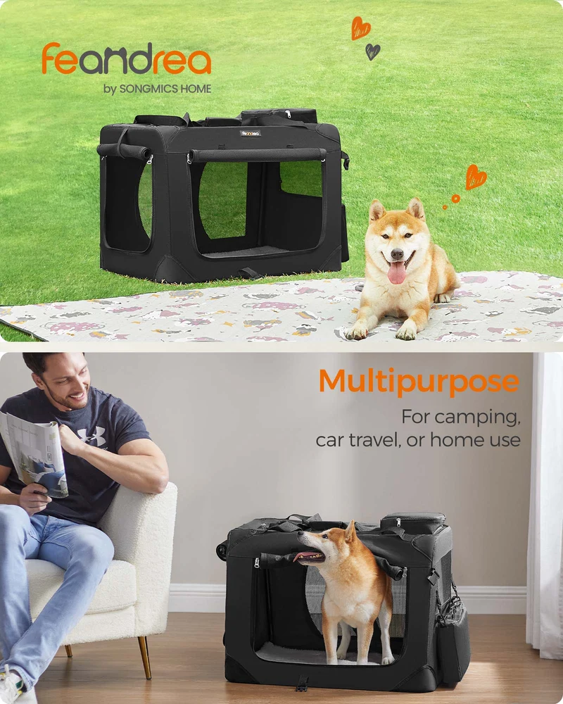 28-Inch Collapsible Dog Crate, Portable Pet Carrier with 3 Doors & Safety Zippers, Water-Resistant Soft Kennel for Medium Dogs, Black