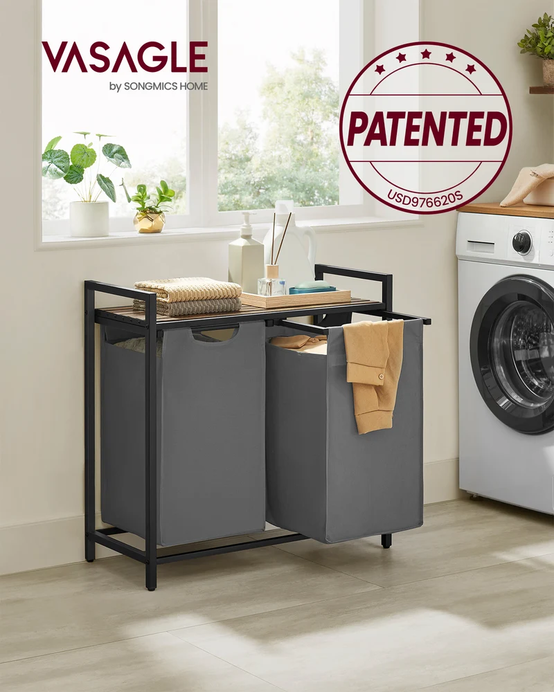 46L Laundry Hamper with Shelf Laundry Basket Laundry Sorter with 2 Pull-Out and Removable Bags Shelf Gray