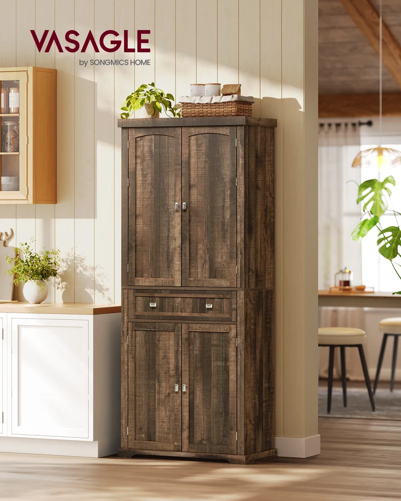 Farmhouse Pantry Cabinet, 71.7" Tall Freestanding Storage with Beadboard Doors, Drawer, 6 Adjustable Shelves, Wall Anchor Kit, Deep Brown