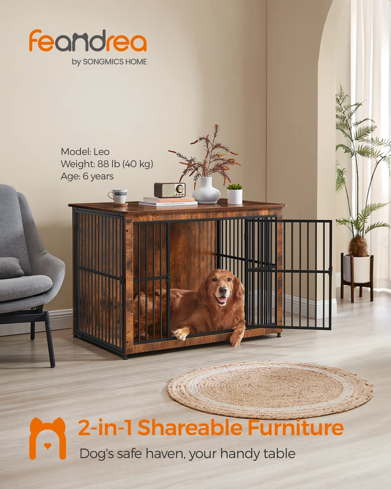 Feandrea Dog Crate Furniture, 43.3" Side End Table, Modern Kennel for Dogs Indoor up to 80 lb, Heavy-Duty Dog Cage with Enclosed Base, Double-Door Dog House, Rustic Brown