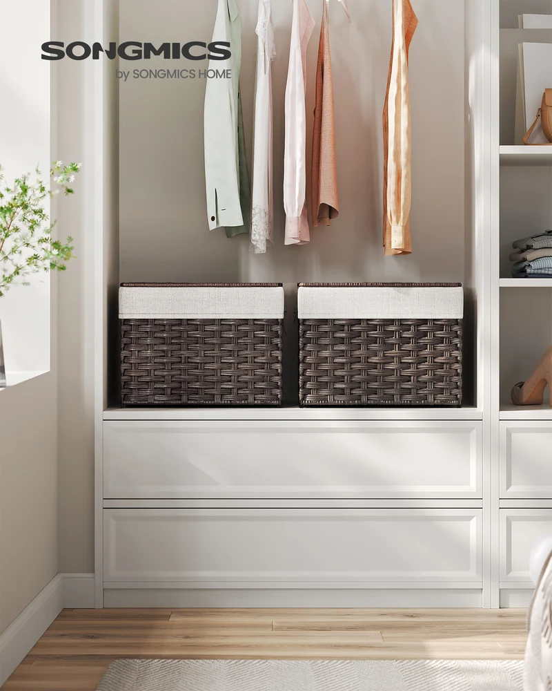 35L Storage Basket with Lid Storage Bin Woven Blanket Storage Basket with Handles Foldable Removable Liner for Bedroom Brown