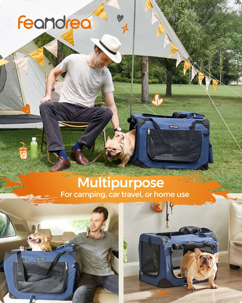 24-Inch Collapsible Dog Crate, Portable Pet Carrier with 3 Doors & Safety Zippers, Water-Resistant Soft Kennel for Small Medium Dogs, Dark Blue