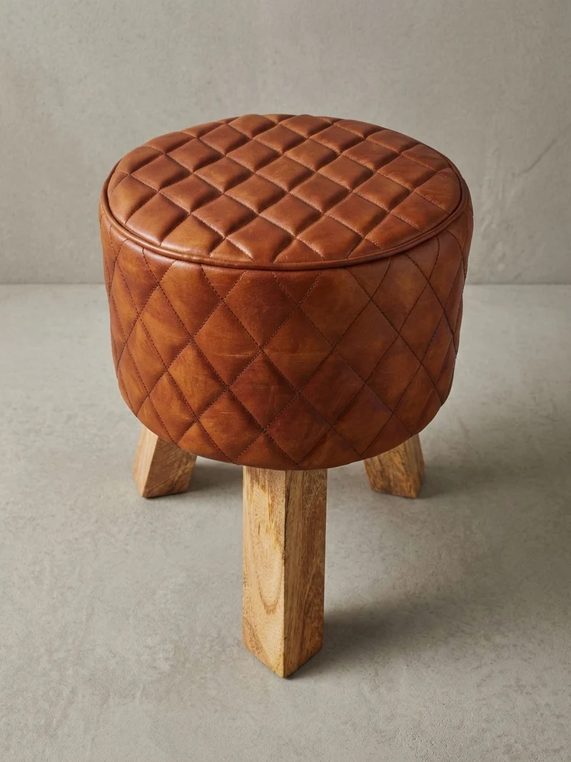 Sitzhocker – Holz/Leder, 46 cm, Rautenmuster, Braun