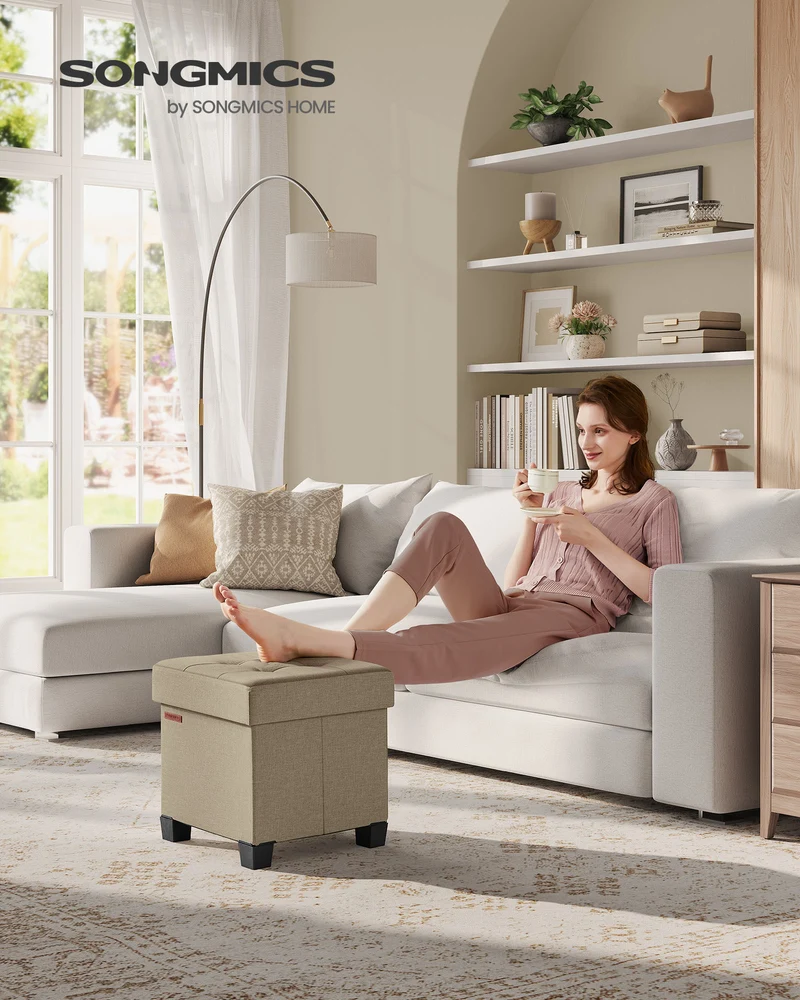 Storage Ottoman Foot Stool with Tufted Linen-Look, 15 x 15 x 15.7 Inches, 660 lb Capacity, Foldable for Living Room, Bedroom & Dorm, Camel Brown