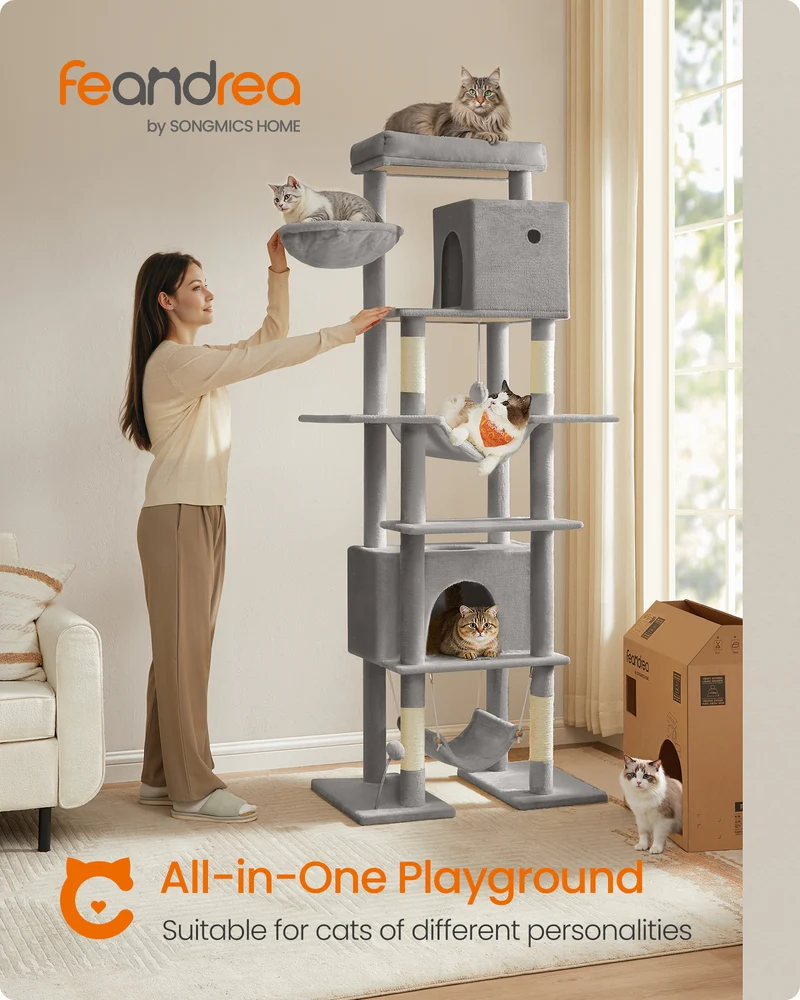79.1 Inch Tall Cat Tree, Multi-Level Cat Tower, Large Cat Condo for Indoor Cats with Scratching Posts, Hammocks, Perch, Cat Caves, Anti-Tip Kit, Light Gray