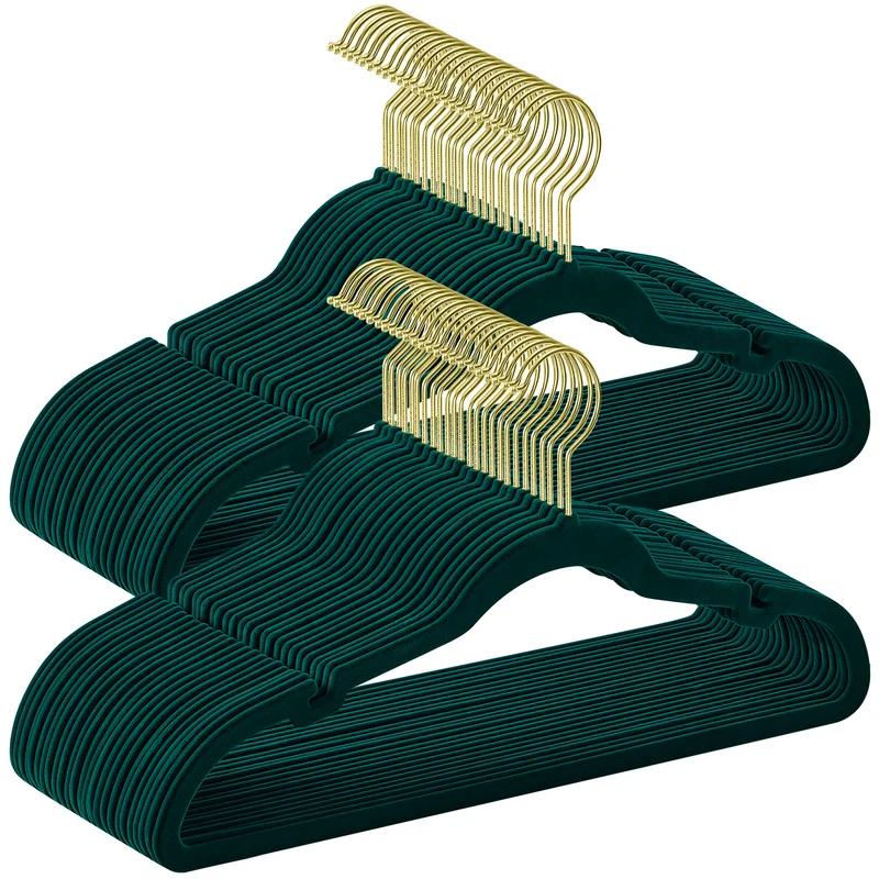 50-Pack Velvet Non-Slip Hangers with 360° Swivel Hook, Pants Bar & Shoulder Notches, Space Saving Closet Hangers, Forest Green