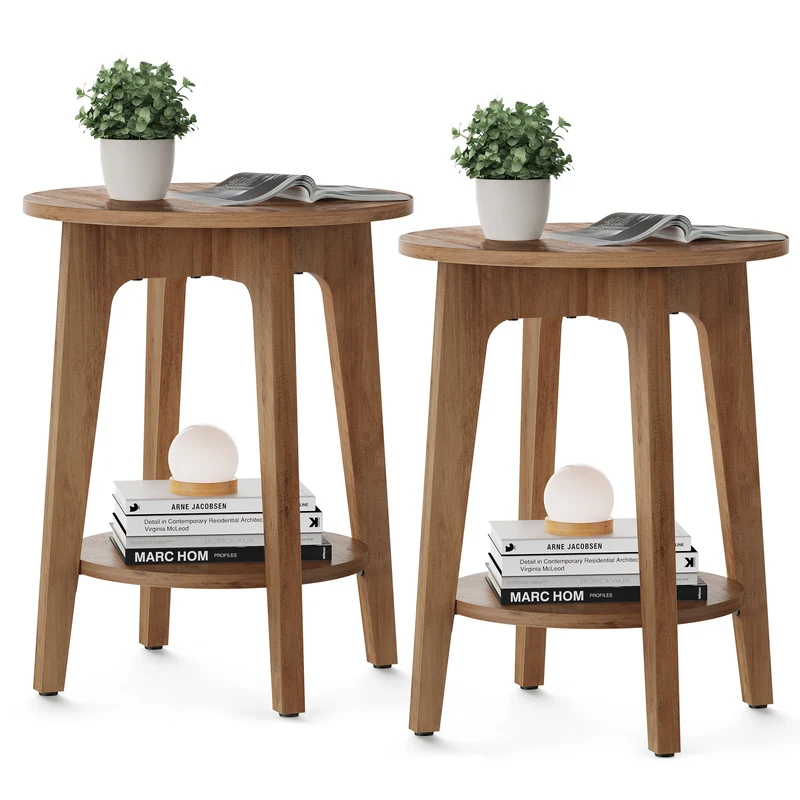 Set of 2 Rustic Walnut Small Round Side Tables. Each features a lower shelf, perfect as nightstands for small spaces in living rooms or bedrooms.