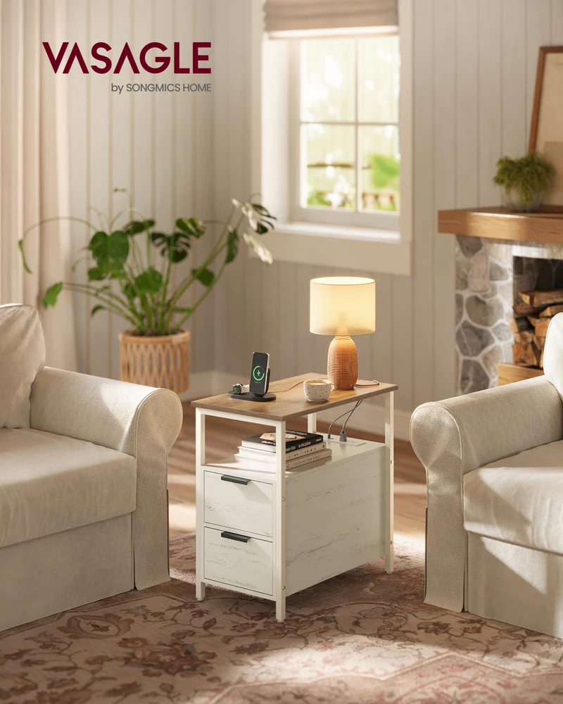 Slim Bedside Table with Charging Station, 2-Drawer Narrow End Table with 2 Outlets and USB Ports, for Small Spaces, Honey Brown and White
