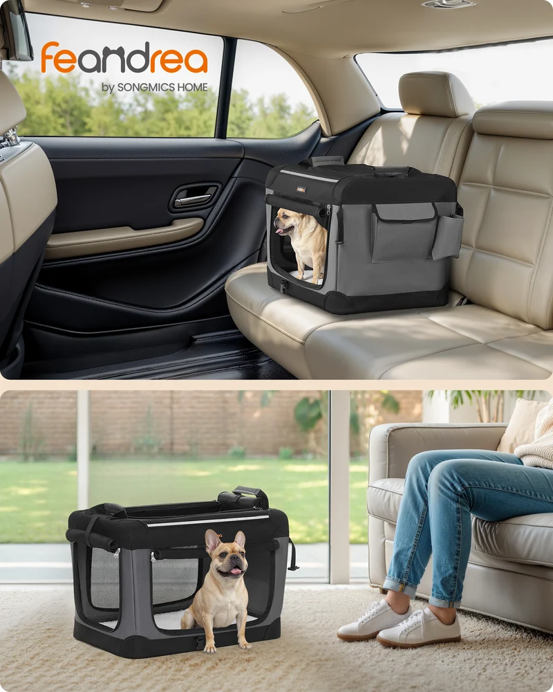 24-Inch Collapsible Dog Crate with 4 Mesh Doors, Portable Pet Carrier with Storage Pocket and Fleece Pad, Ink Black