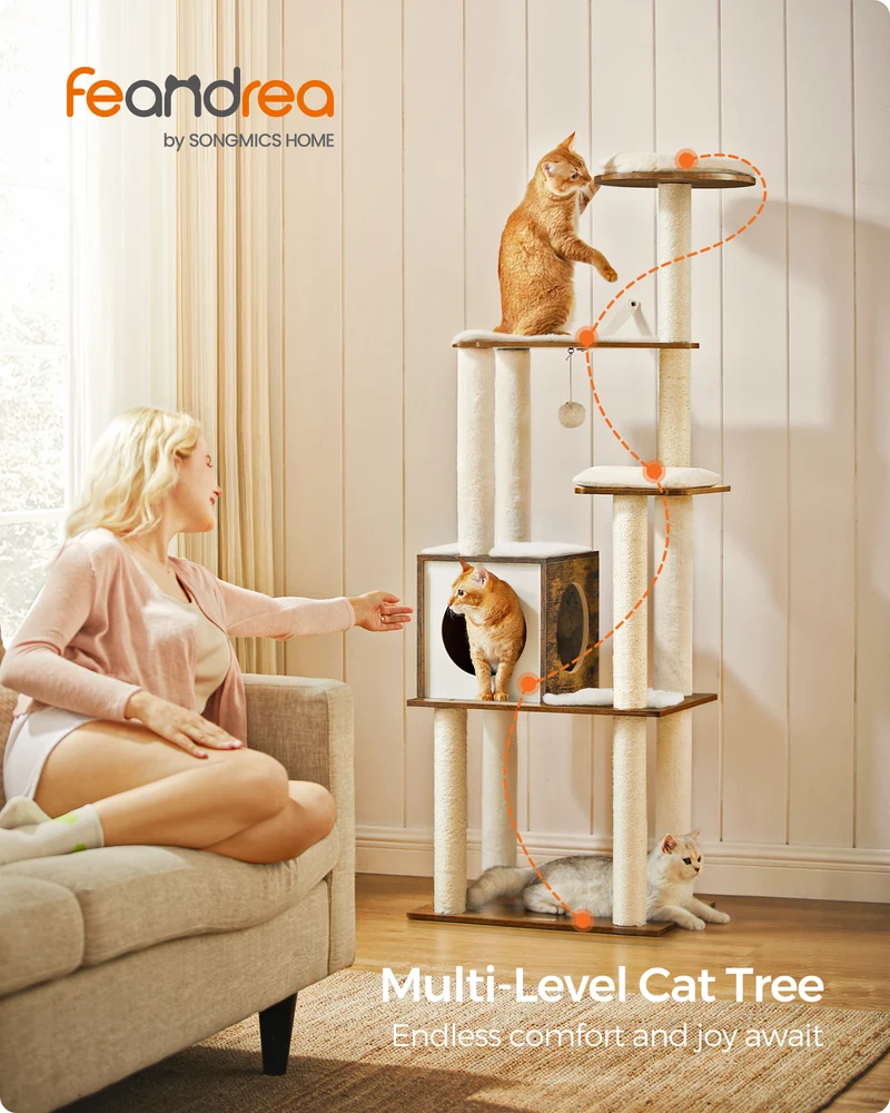 WoodyWonders Cat Tree, 65-Inch Modern Cat Tower for Indoor Cats, Multi-Level Cat Condo with Scratching Posts, Cat Furniture, Rustic Brown