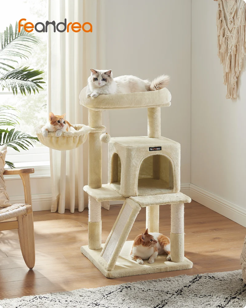 37.8 - Inch Multi - Level Small Cat Tree. Features widened perch for large cats & kittens. Beige color.