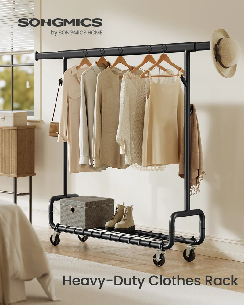 Heavy-Duty Rolling Garment Rack with Extendable Hanging Rod, 440 lb Capacity, Adjustable Height with Shelf and Hooks, Mobile Clothing Organizer, Black