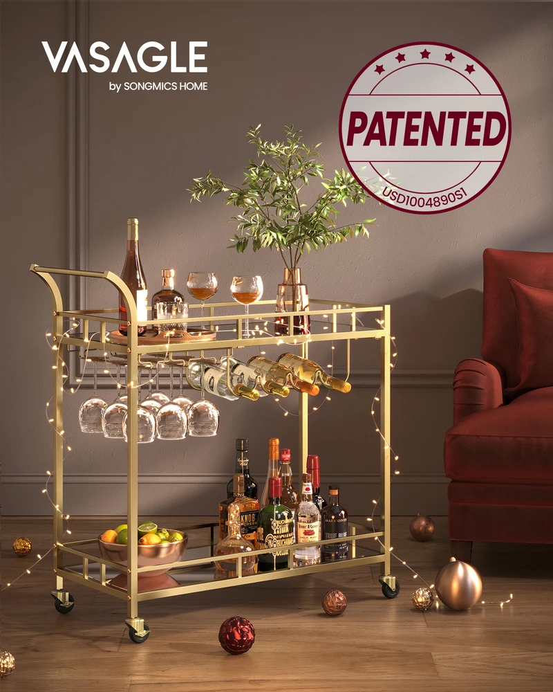 Bar Cart , Home Bar Serving Cart, Wine Cart With 2 Mirrored Shelves, Wine Holders, Glass Holders, For Kitchen, Dining Room