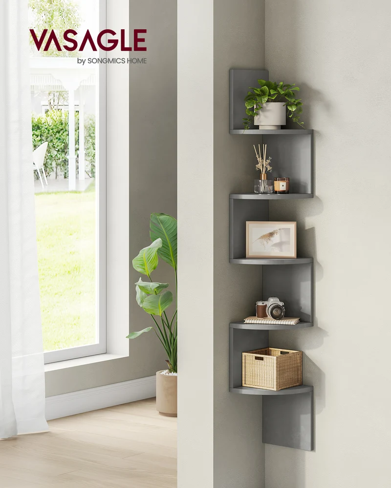 Corner Shelf Wall Mount 5-Tier Floating Corner Bookshelf Plant Shelf for Bedroom Living Room Bathroom Home Office Gray