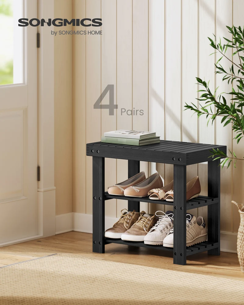 3-Tier Bamboo Shoe Rack Bench - Entryway Storage Organizer with 286 lb Capacity, Multi-Use Side Table, Ink Black