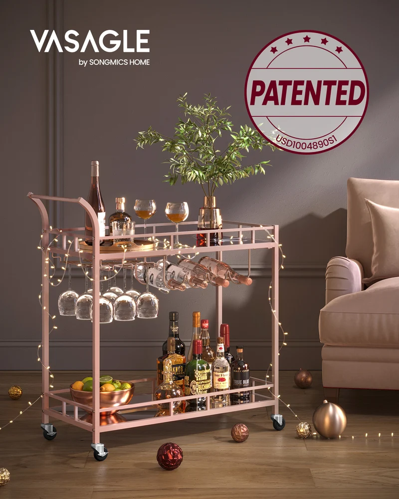 Bar Cart , Home Bar Serving Cart, Wine Cart With 2 Mirrored Shelves, Wine Holders, Glass Holders, For Kitchen, Dining Room