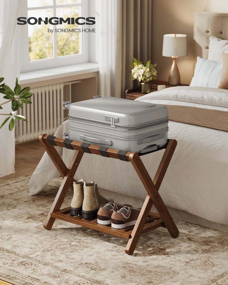 Solid Wood Luggage Rack Foldable Suitcase Stand with Storage Shelf, No Assembly, 150 lb Capacity, Coffee Brown