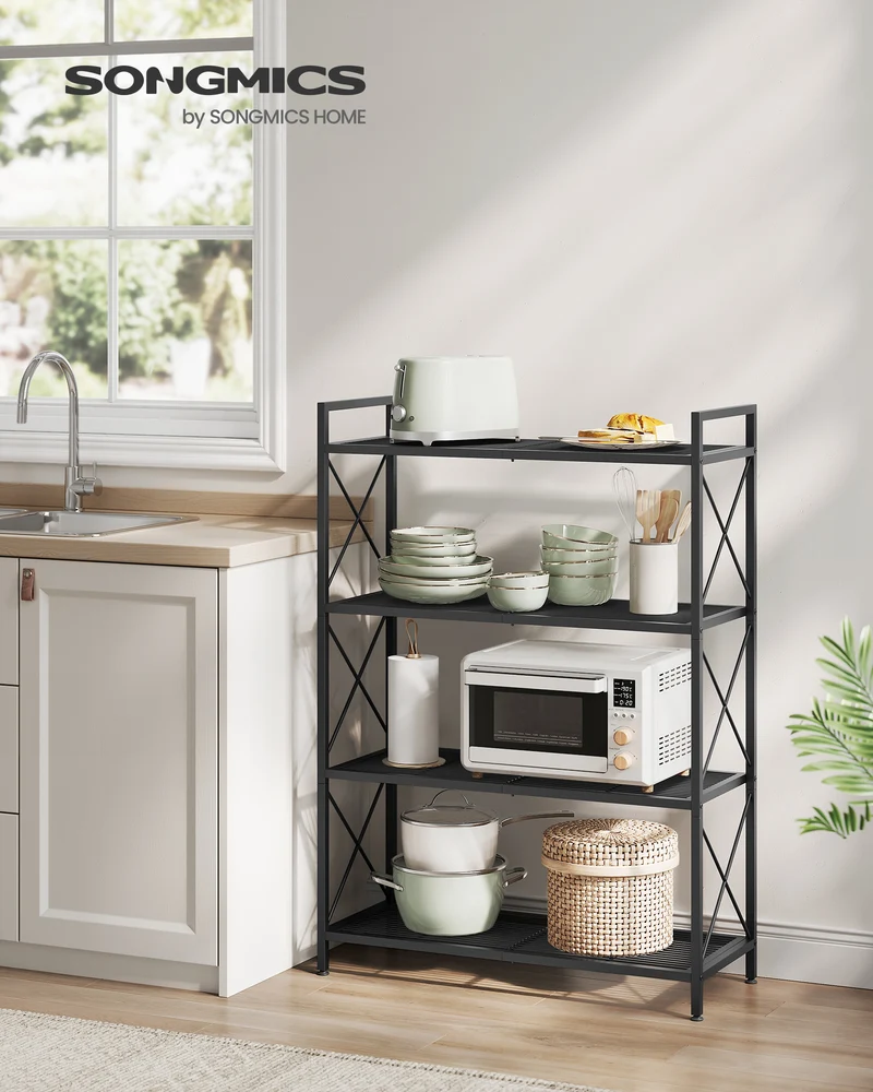 Ink Black 4 - Tier Metal Storage Rack with X Side Frames and Dense Mesh, Sized 12.6 x 31.5 x 44.3 Inches. Ideal Industrial Style Shelving Unit