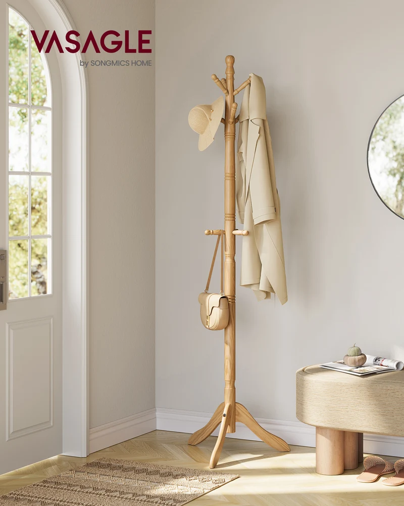 Natural Beige Solid Wood Coat Rack. Made of rubberwood, it's free - standing. Features 10 hooks . Perfect for entryways and hallways.
