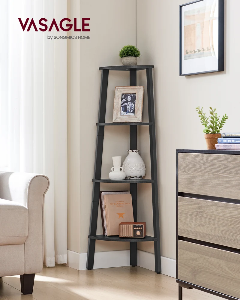 4-Tier Corner Bookshelf with Industrial Design, 49.2 Inch Ladder Shelf for Living Room Office Kitchen, Charcoal Gray and Matte Black