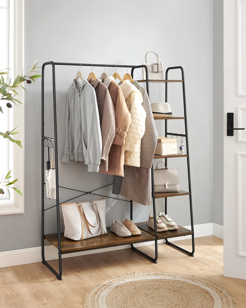 Clothes Rack, Clothing Rack with Shoe Shelf, 5-Tier Storage Rack, 6 Side Hooks, for Bedroom, Living Room, Rustic Brown and Black