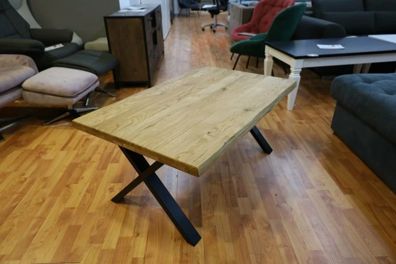 Couchtisch Massivholz Eiche +Baumkante + Metall Gestell