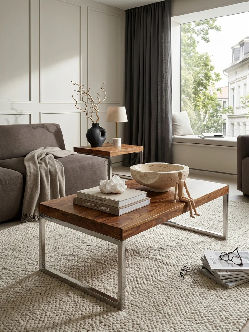 Couchtisch Massivholz mit Chromfüßen Handgefertigt