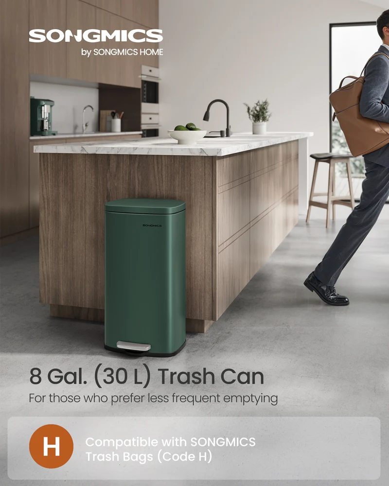 Trash Can with Lid, 8 Gallon Garbage Can, Stainless Steel Small Waste Bin with Step Pedal and Inner Bucket, Soft Close, Kitchen