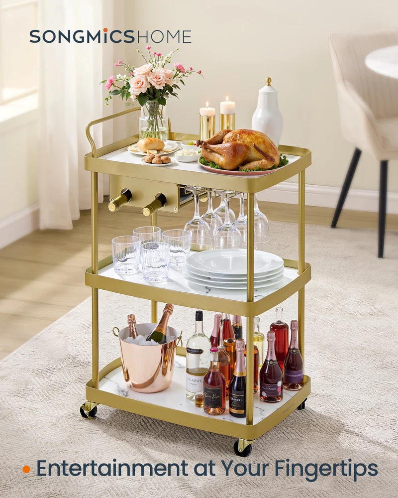 Elegant 3-Tier HOME Bar Cart with Wine Rack & Glass Holder, Mobile Beverage Serving Cart for Kitchen, Marble White and Pale Gold