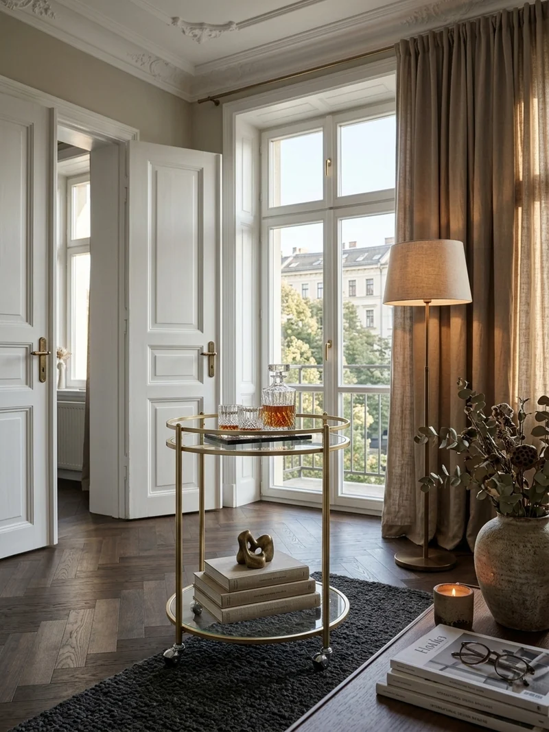 Servierwagen – Gold, Sicherheitsglas, auf Rollen