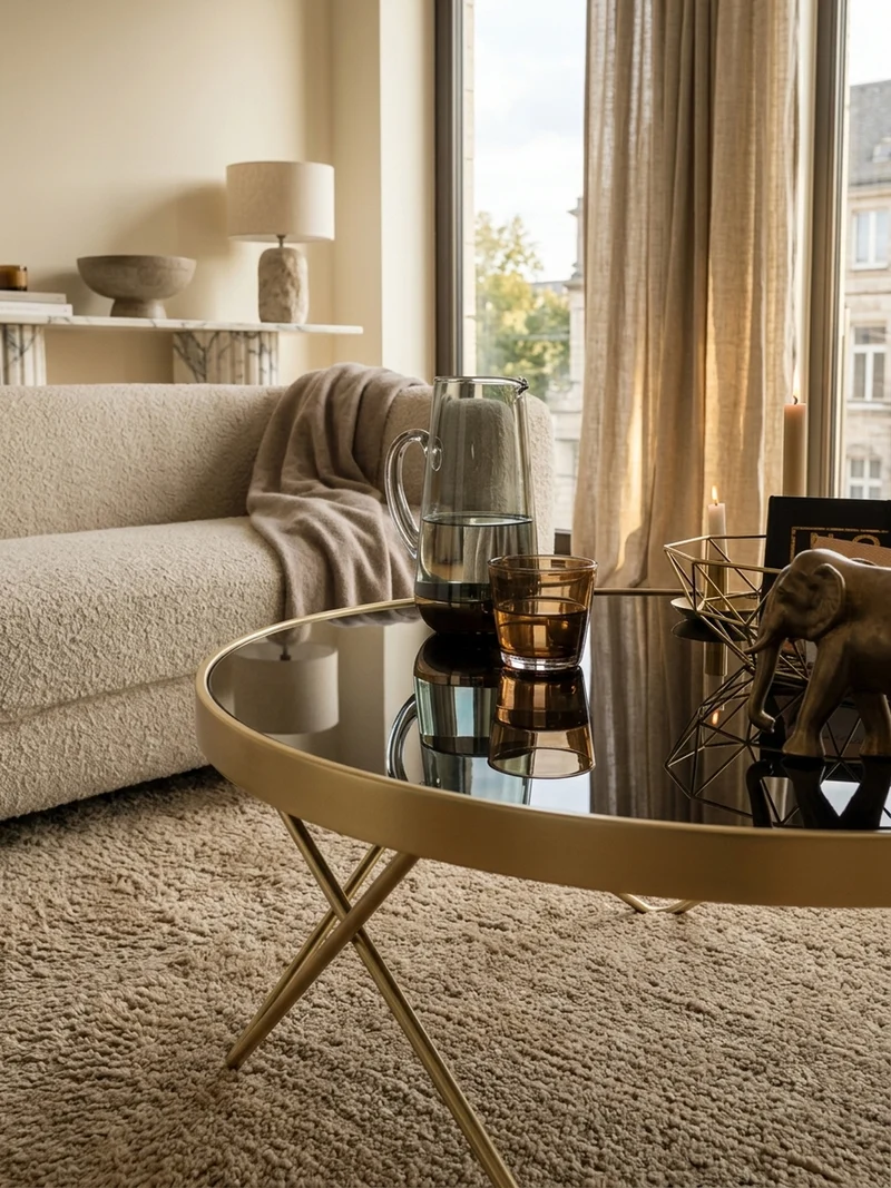 Beistelltisch Schwarz Glasplatte Goldene Beine Retro-Stil 82cm Durchmesser