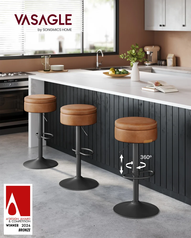 360° Swivel Bar Stool, Height Adjustable Barstool with Storage, Synthetic Leather with Stitching, Mid-Century Modern, Kitchen Bar, Easy Assembly, Caramel Brown