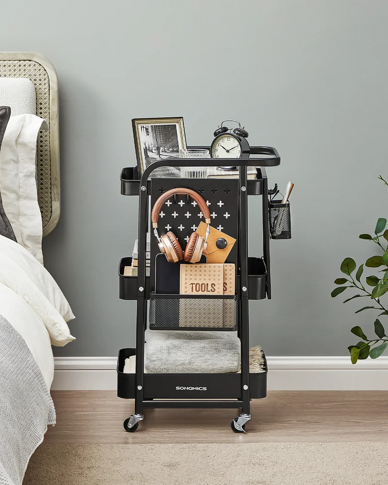 3-Tier Storage Cart, Rolling Utility Cart, Metal Mesh Shelves, 2 Removable Pegboards, 2 Hanging Holders, 4 Hooks, Craft Cart for Living Room, Kitchen, Office, Bathroom, Ink Black