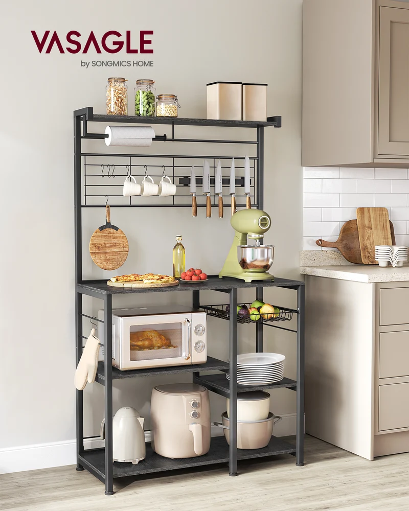 Bakers Rack with Magnetic Knife Holder, Paper Holder, Wire Basket, 8 Hooks, Ebonized Oak Finish and Black
