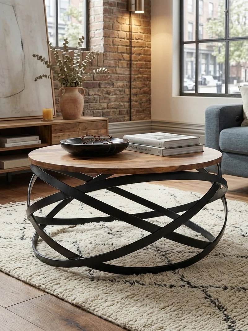 Couchtisch Industrial, Braun, Massives Holz und Metall, Modernes Design, Komplett Montiert