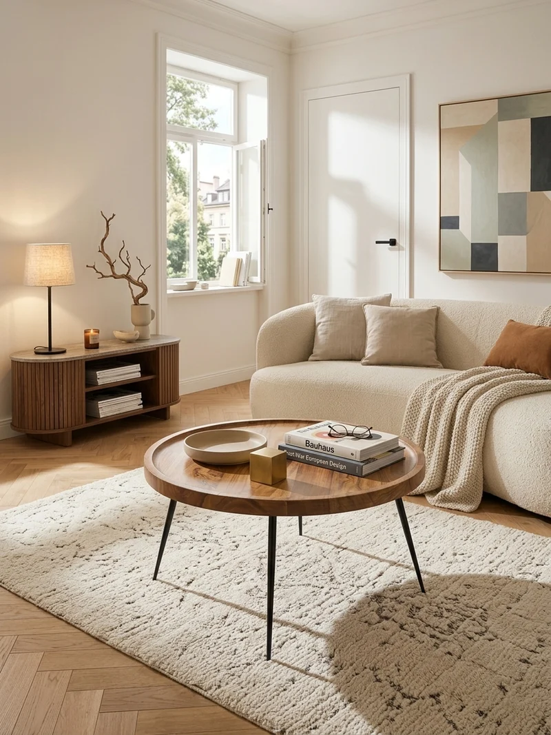 Couchtisch Industrial-Stil Rund, Holzplatte und Metallbeine, Handgefertigt, Pflegeleicht