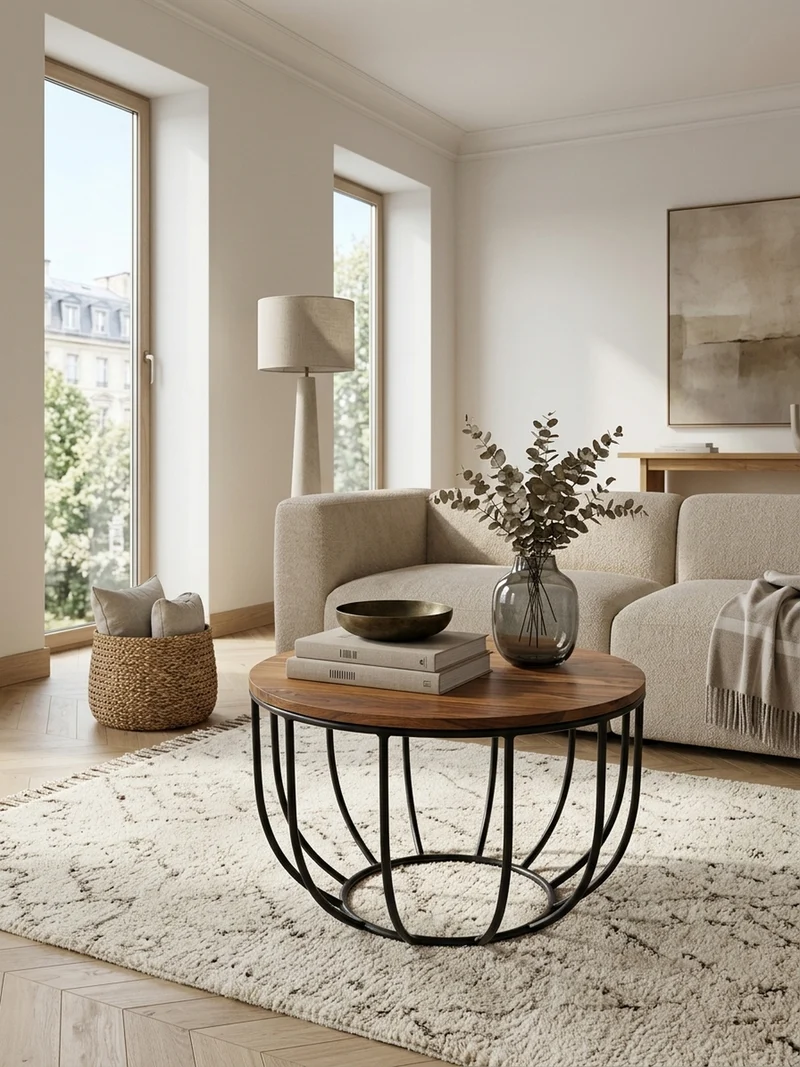 Couchtisch in Industrial-Stil, Sheesham Massivholz, Metallgestell, Korbdesign, Rustikal