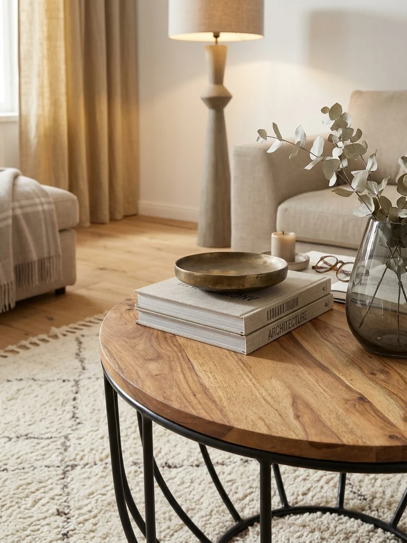 Couchtisch in Industrial-Stil, Sheesham Massivholz, Metallgestell, Korbdesign, Rustikal