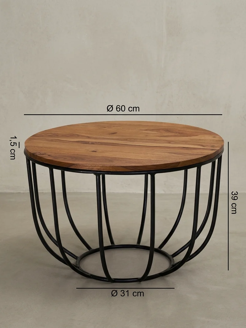 Couchtisch in Industrial-Stil, Sheesham Massivholz, Metallgestell, Korbdesign, Rustikal