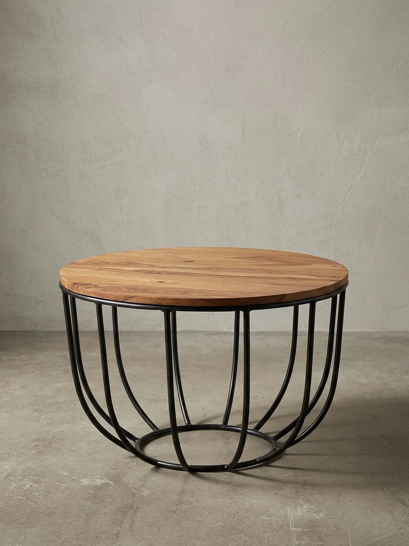 Couchtisch in Industrial-Stil, Sheesham Massivholz, Metallgestell, Korbdesign, Rustikal