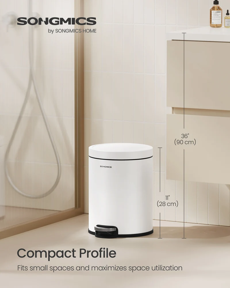 1.6 Gallon Bathroom Trash Can, Small Stainless Steel Garbage Bin with Soft-Close Lid & Pedal, Inner Bucket for Toilet Bedroom, Cloud White