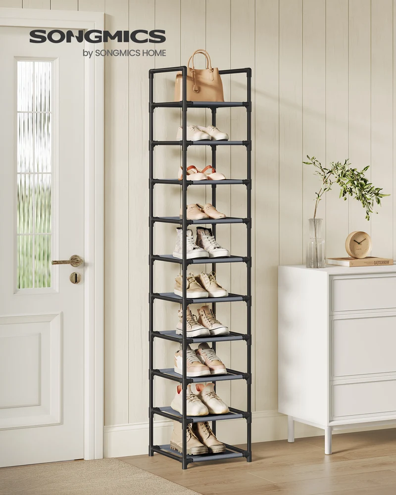 10-Tier Shoe Rack Organizer - Space-Saving Metal Frame, Non-Woven Fabric Shelves, Grey, 13 x 13 x 68.1 Inches