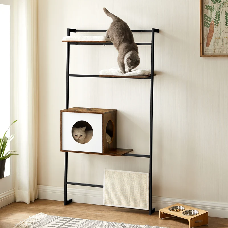 Wall-Mounted Cat Tree, 61-Inch Cat Tower, Cat Condo Furniture with Steel Frame, Rustic Brown and Black