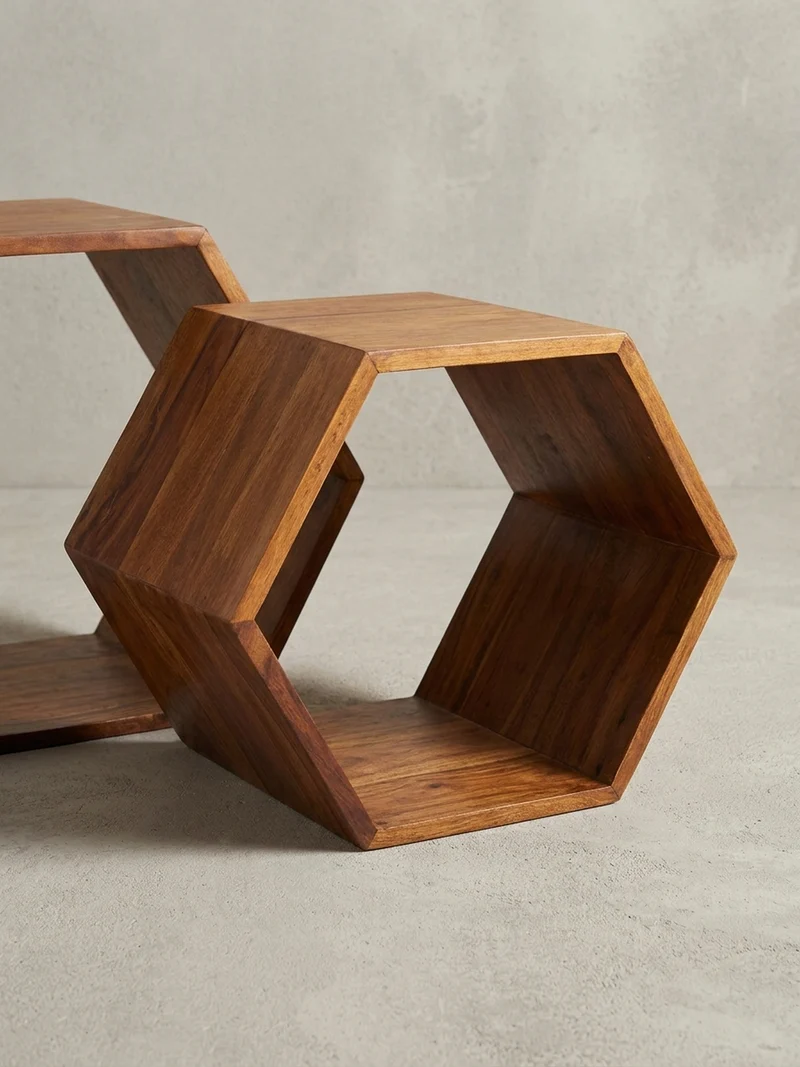 Beistelltisch Set – 2-teilig Massivholz Braun Wabenform handgefertigt