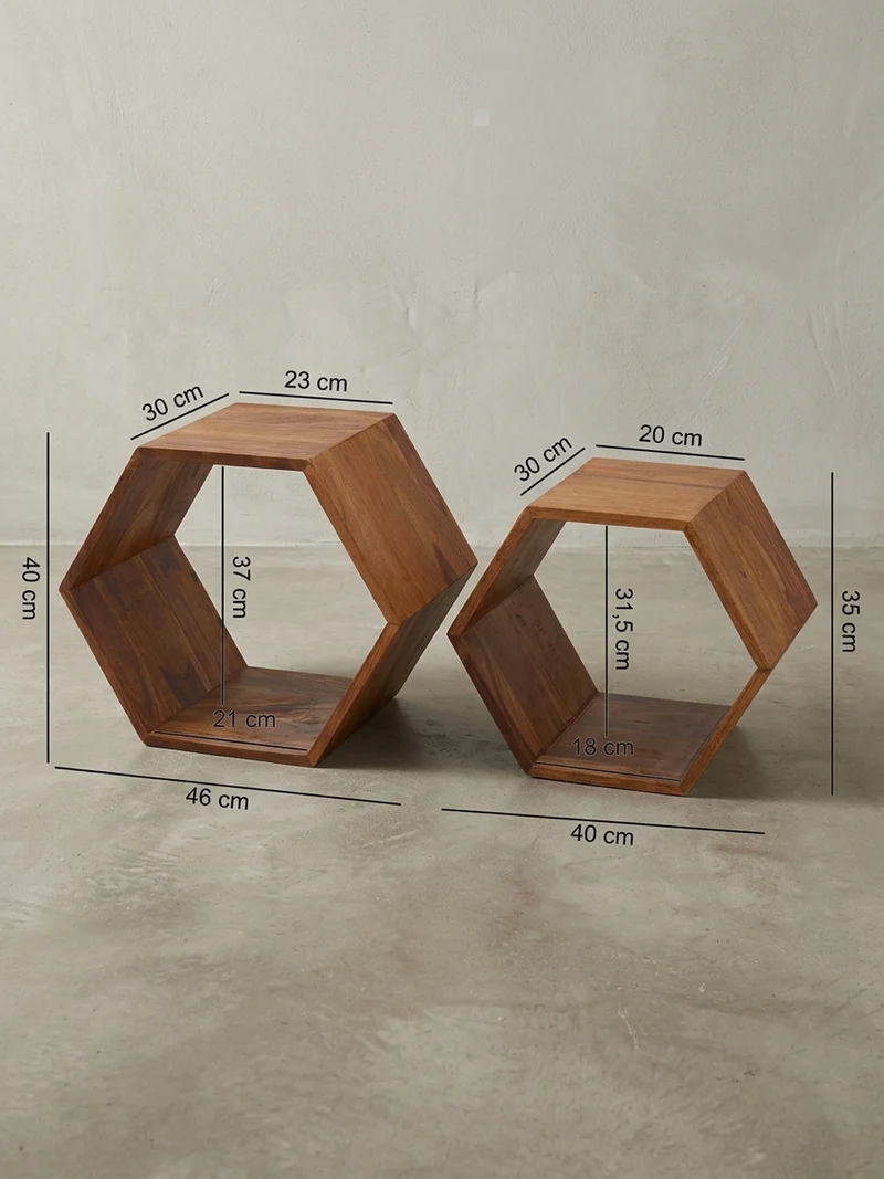 Beistelltisch Set – 2-teilig Massivholz Braun Wabenform handgefertigt